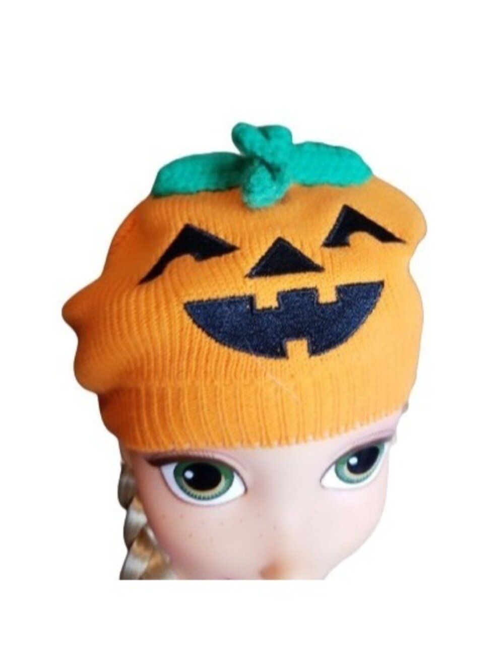 Pumpkin Knit Baby Hat Halloween Jack-O’-Lantern Design Stem & Smiling Face